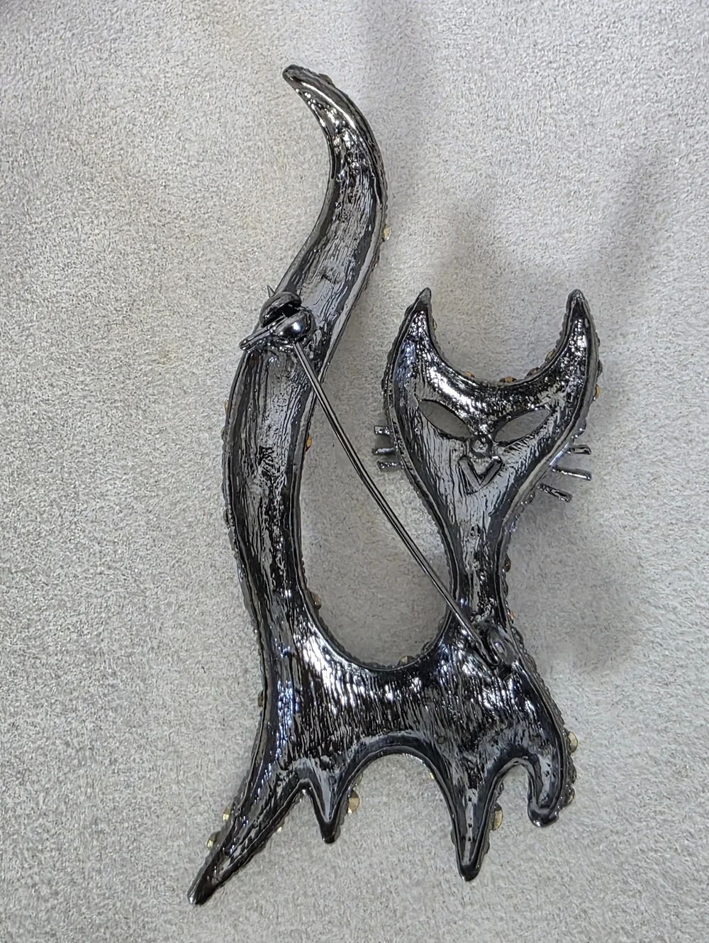 Mod Silver Gunmetal with Black and Clear Crystals Kitty Cat Brooch Pin